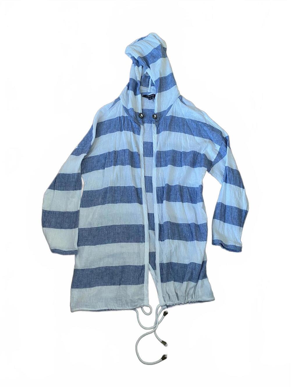 Charlie Cotton Linen Blue & White Hooded Swim Coverup Size Small